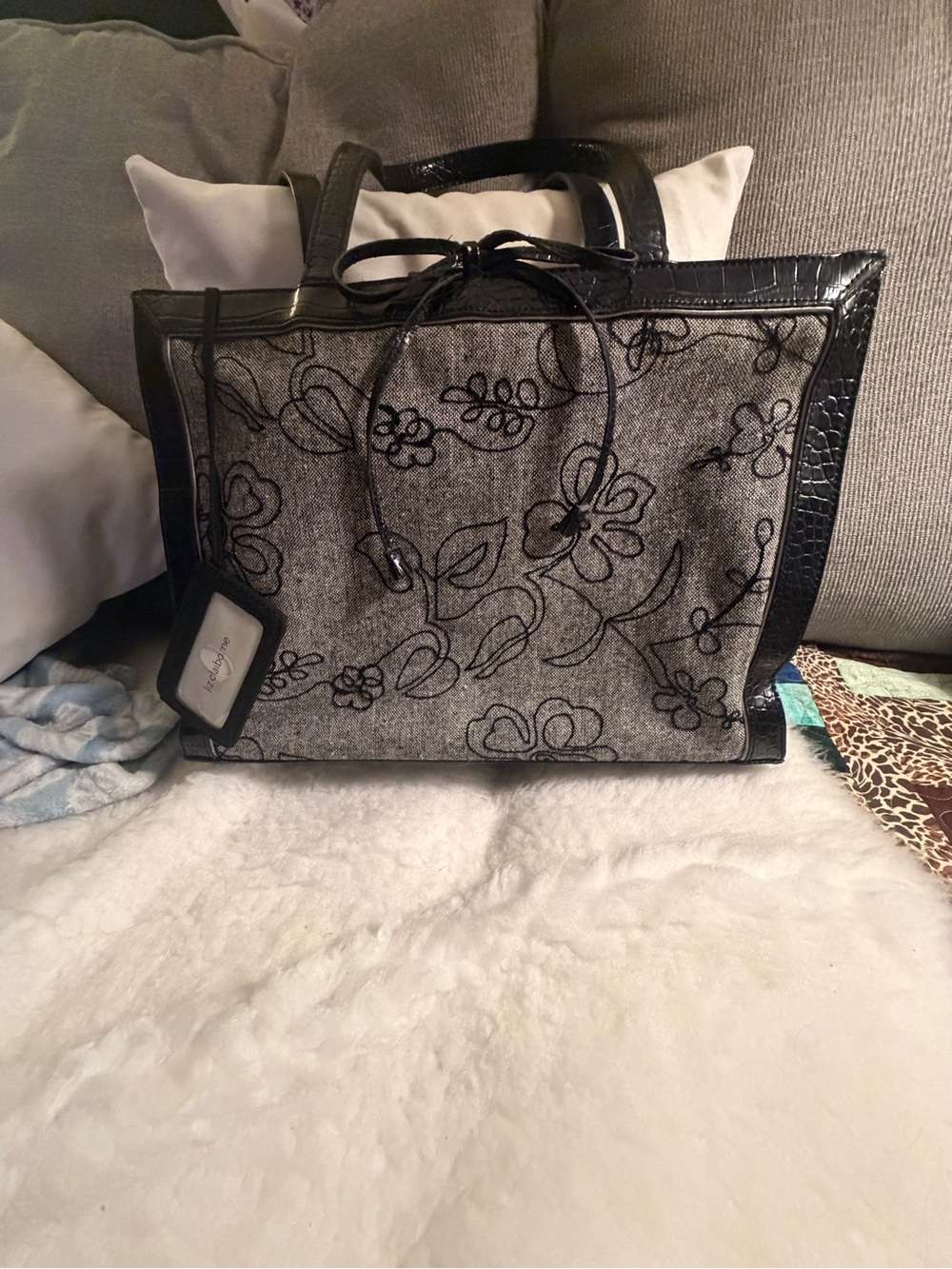 Liz Claiborne Gray Floral Tote with Black Trim